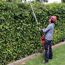 Person schneidet hohe Hecke mit elektrischer Heckenschere