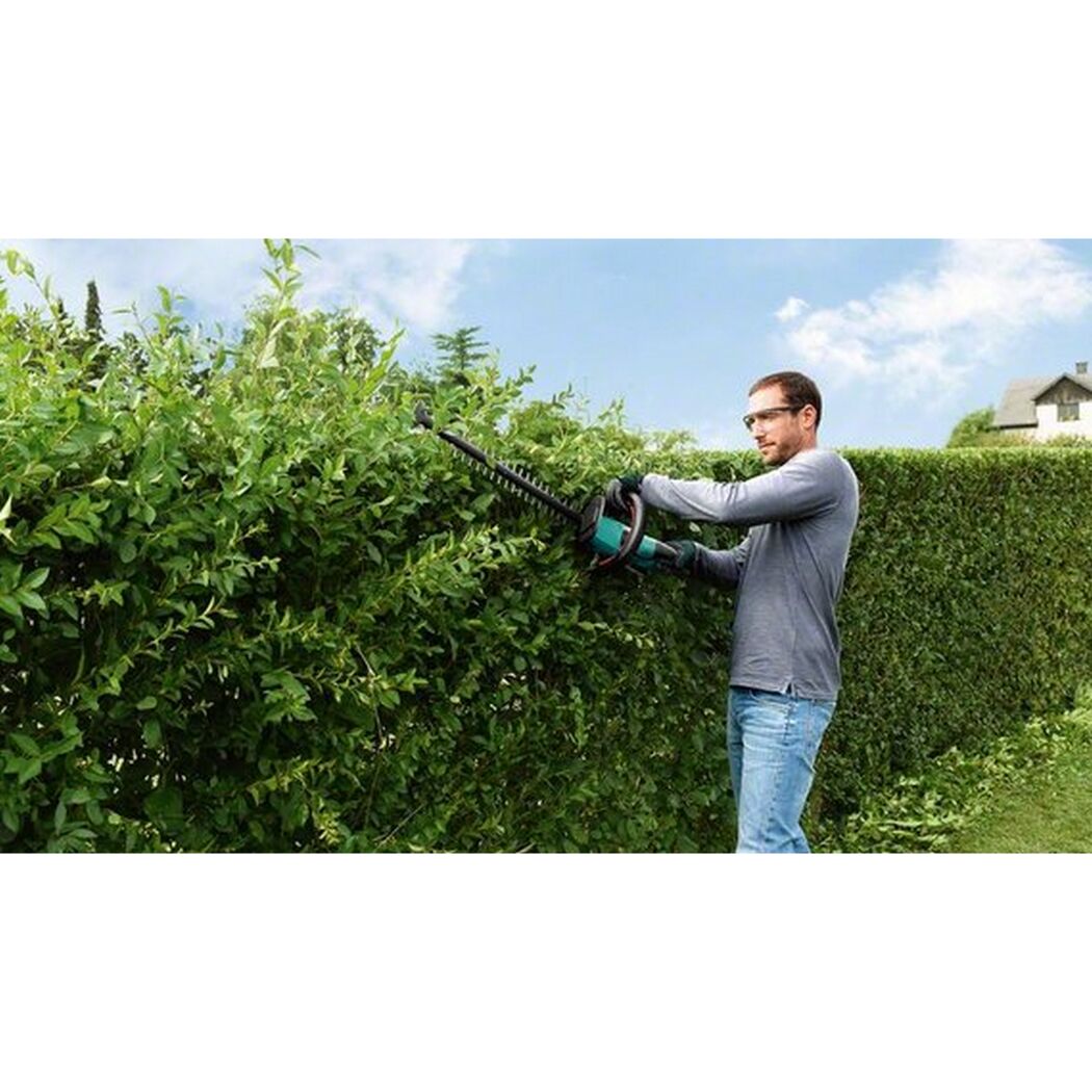Person schneidet eine Hecke mit einer Heckenschere
