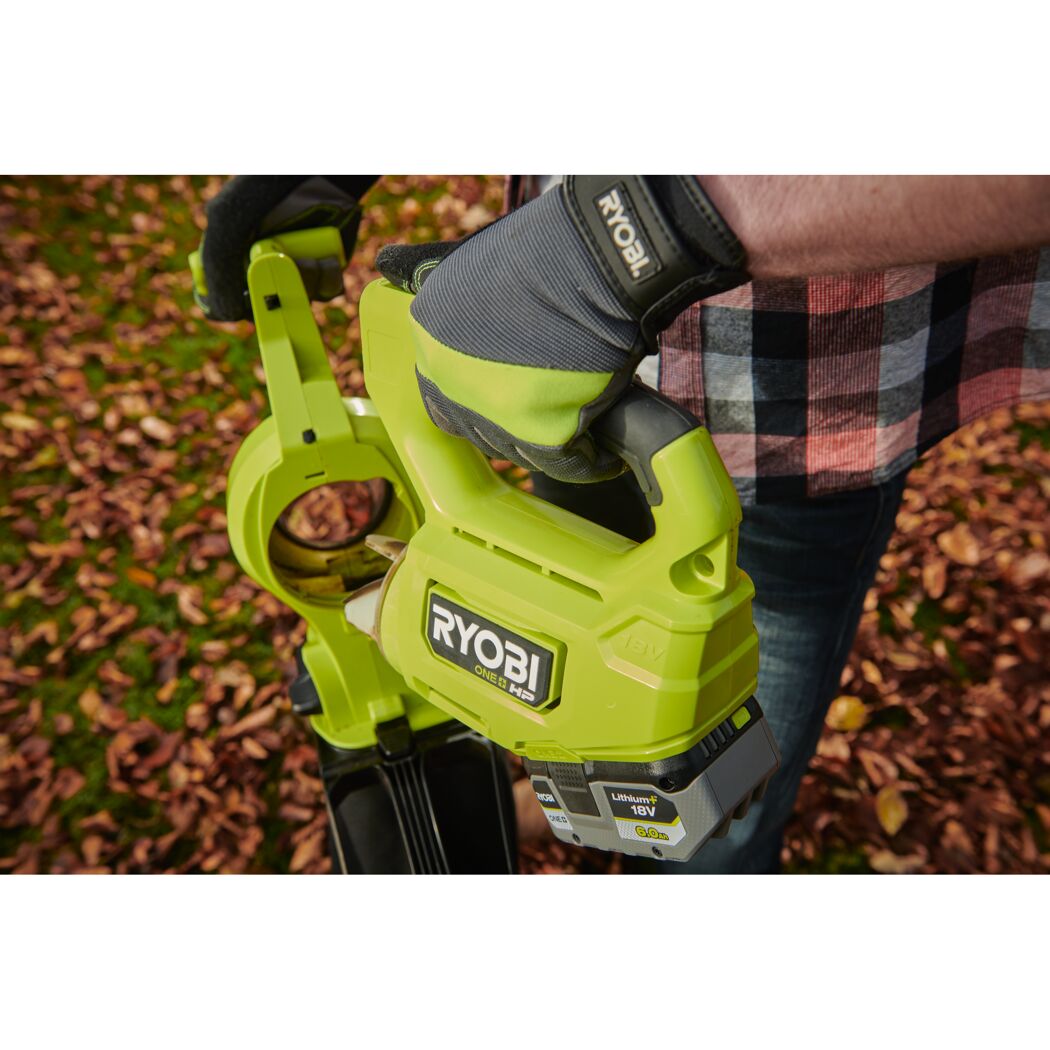 Person hält einen RYOBI Akku-Laubsauger