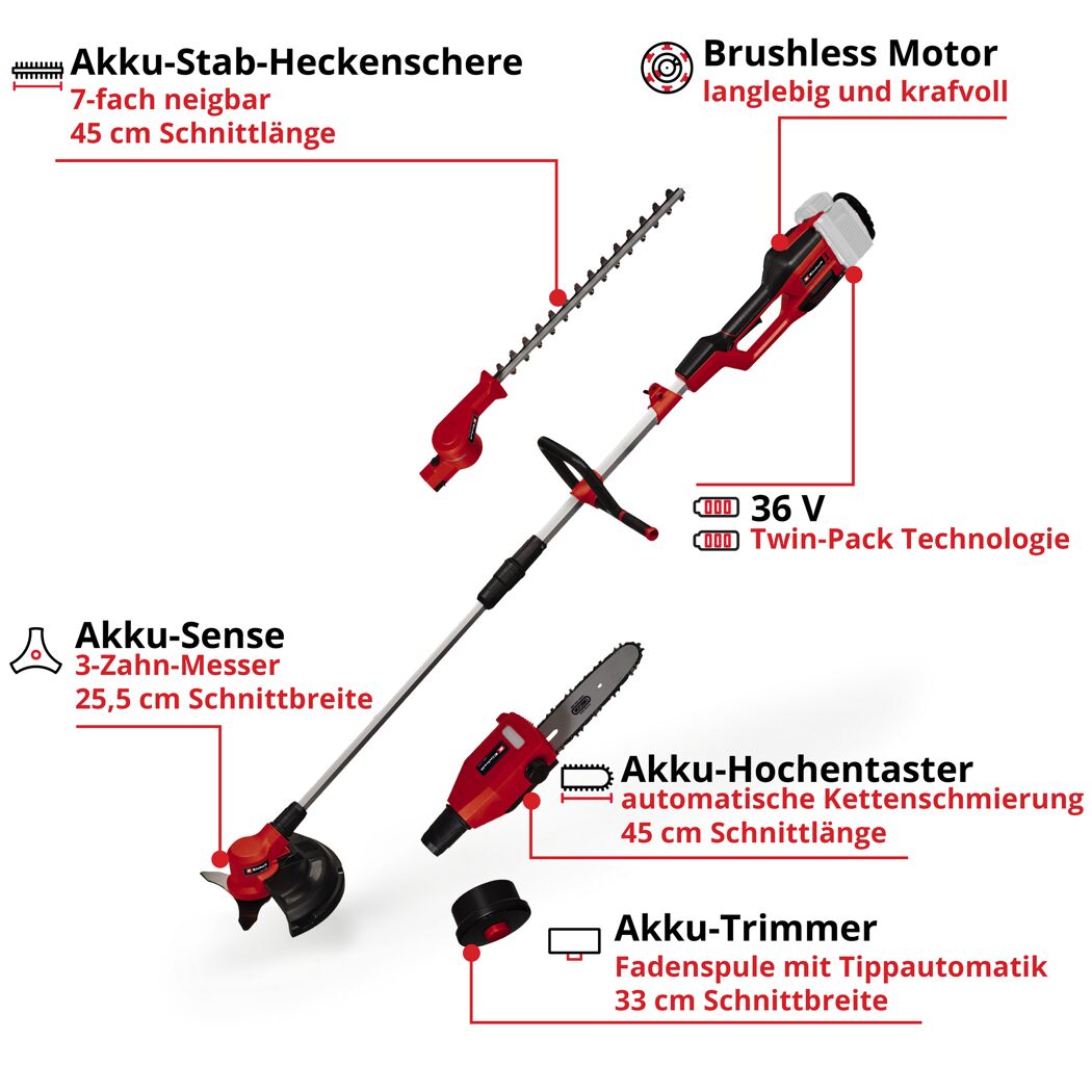 Ein Akku-Multifunktionswerkzeug mit verschiedenen Aufsätzen.