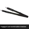 Schwarzer Tragegurt mit Schulterpolster und Metallkarabinern.