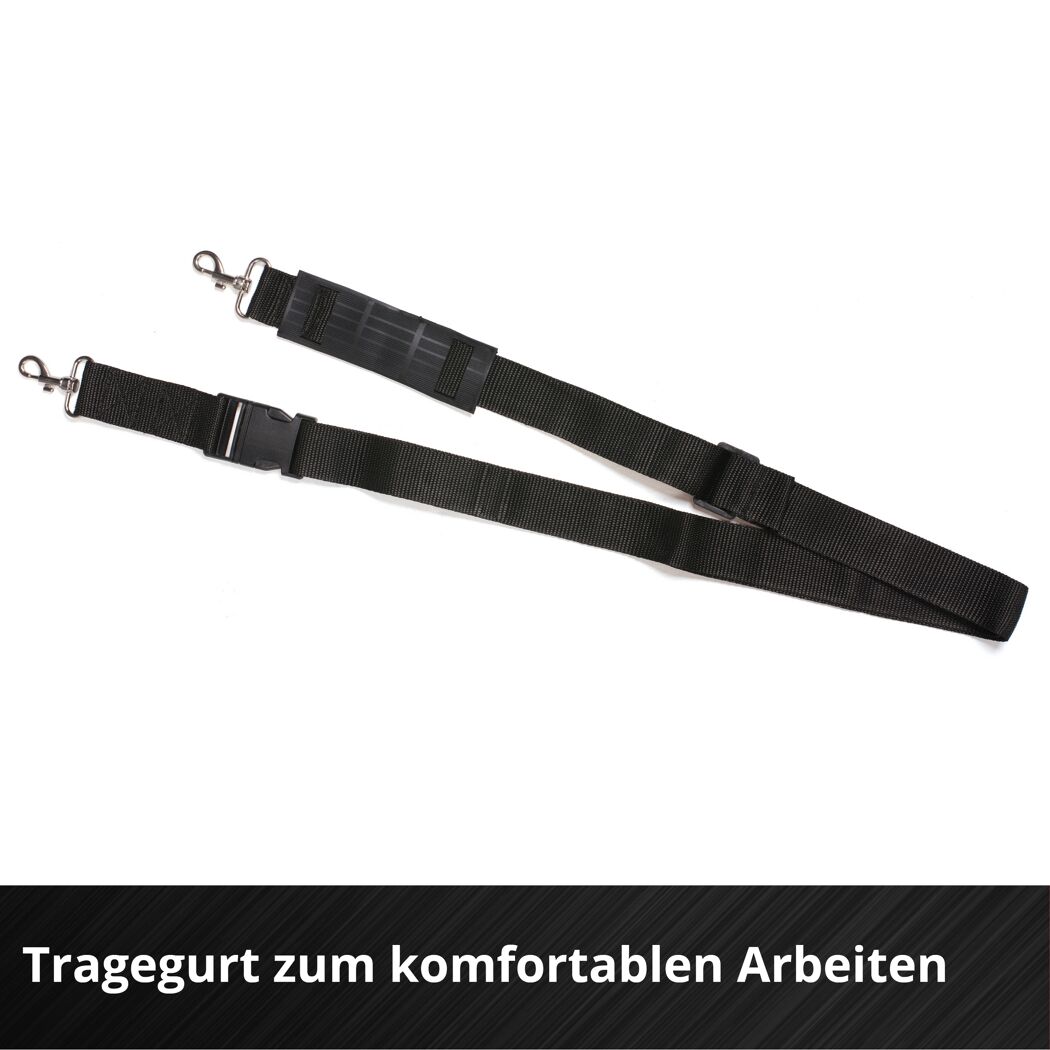 Schwarzer Tragegurt mit Schulterpolster und Metallkarabinern.