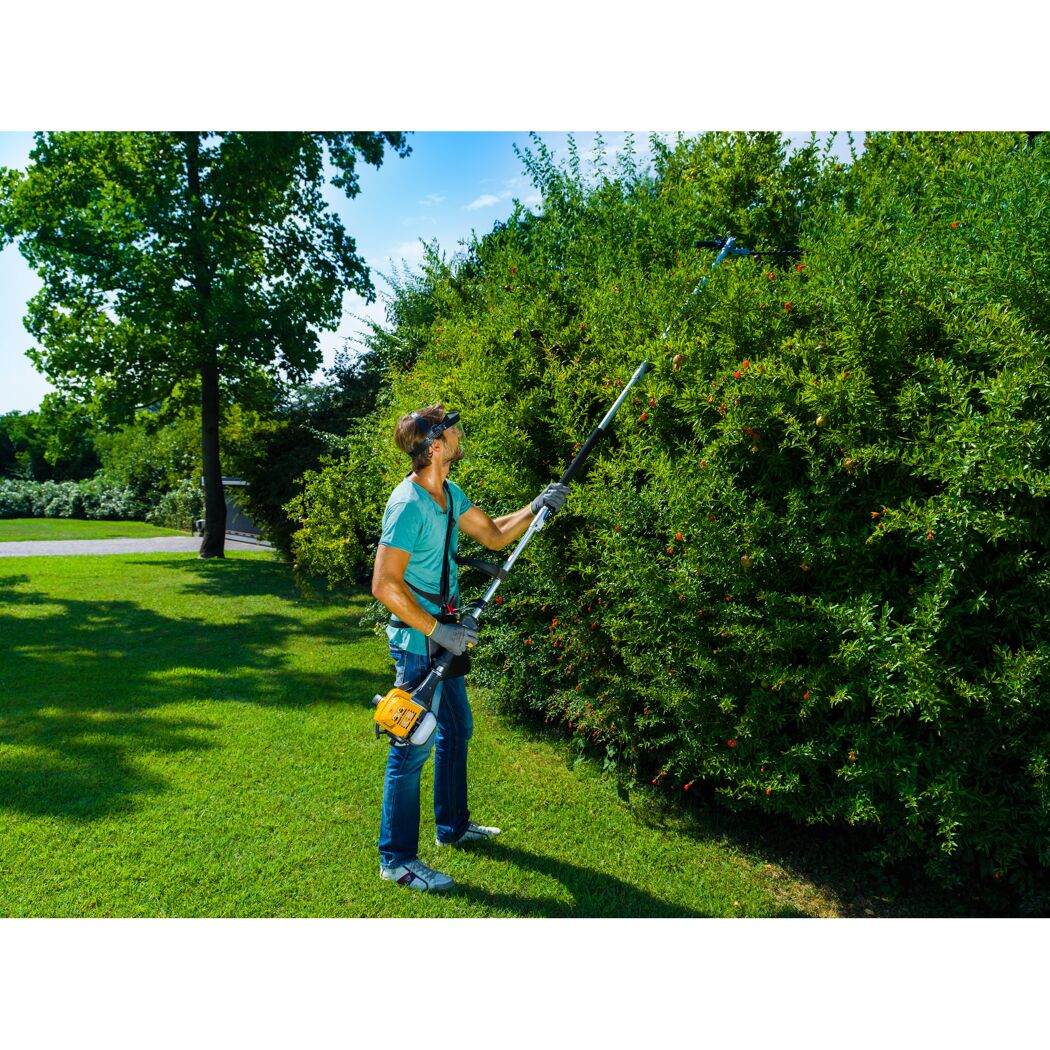 Person schneidet Hecke mit Multitool