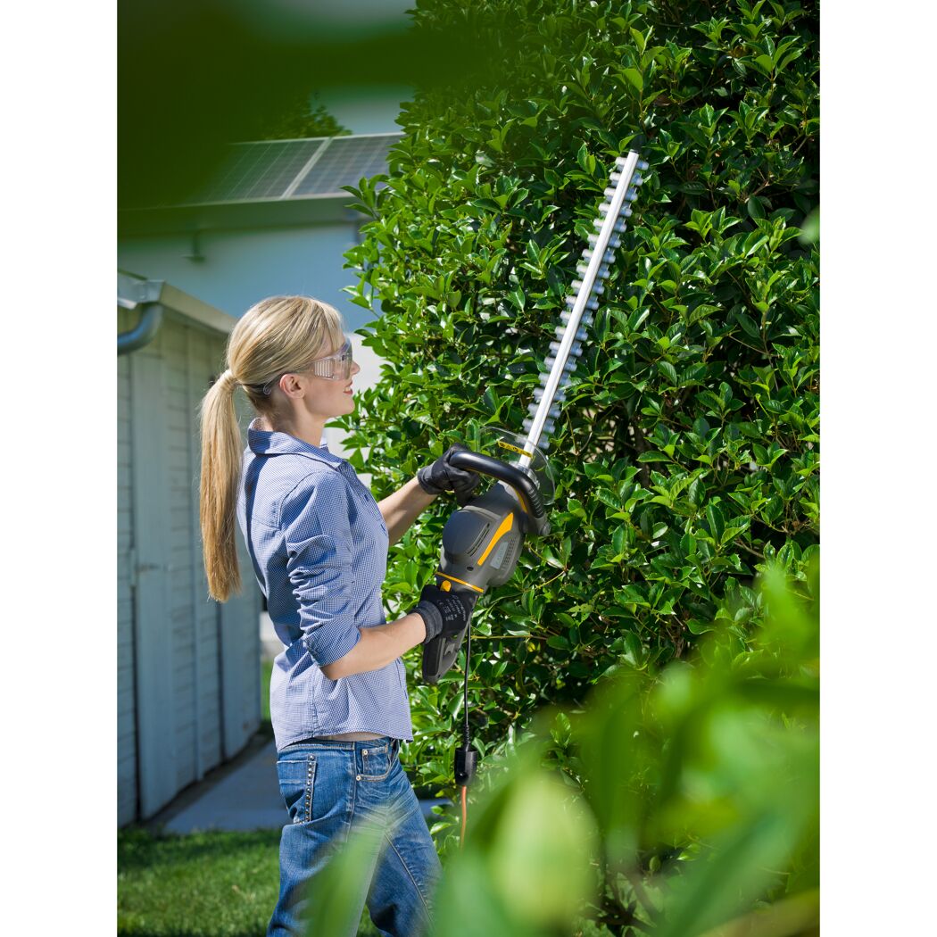 Person schneidet Hecke mit elektrischer Heckenschere