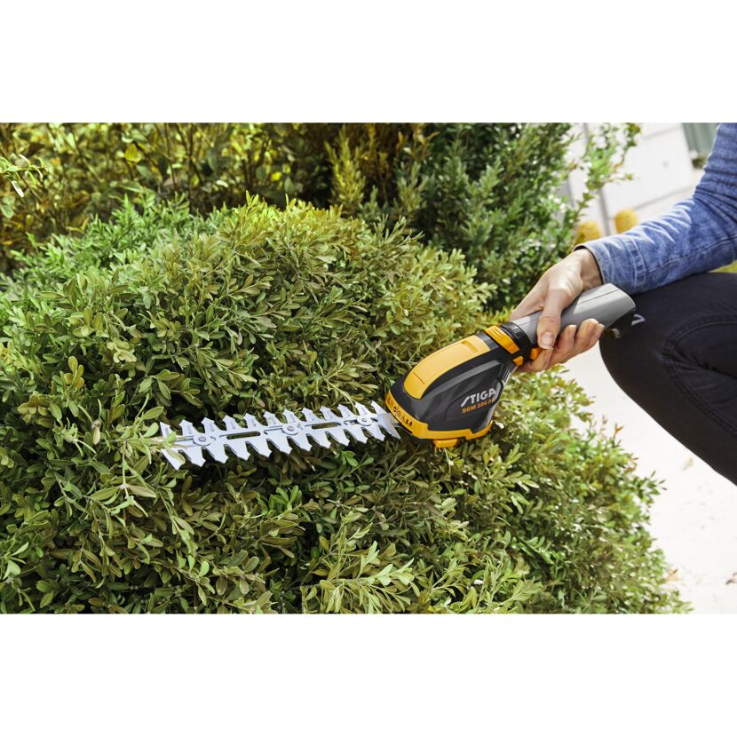 Person schneidet eine Hecke mit einer Akku-Heckenschere.