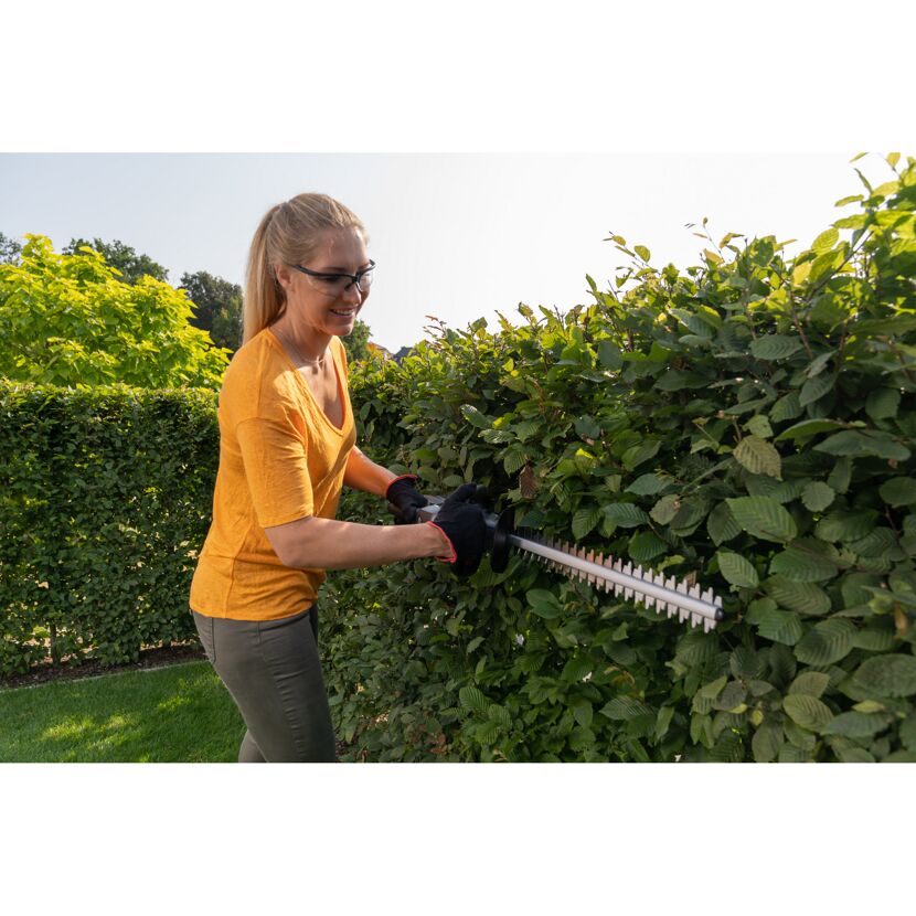 Person schneidet Hecke mit Heckenschere