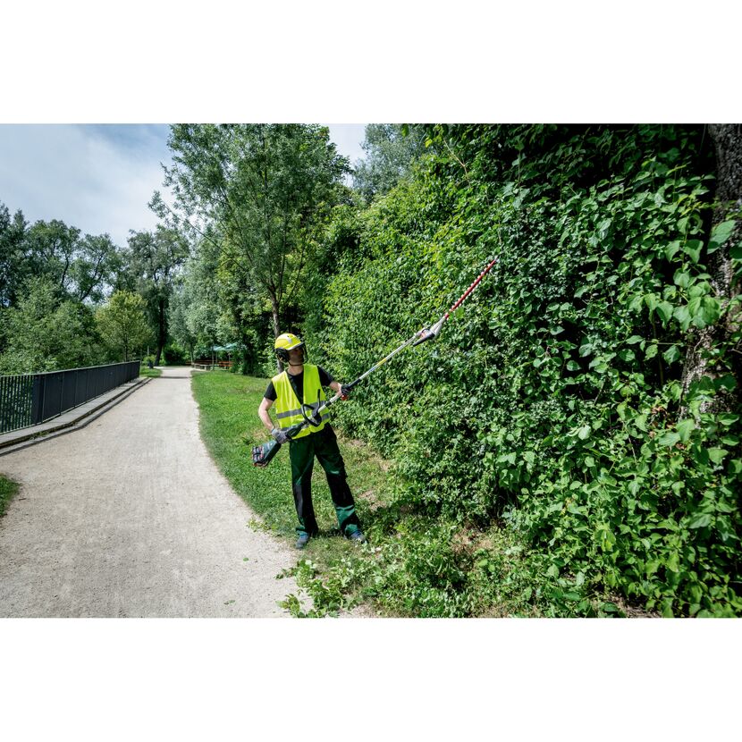 Person schneidet Hecke mit Heckenschere
