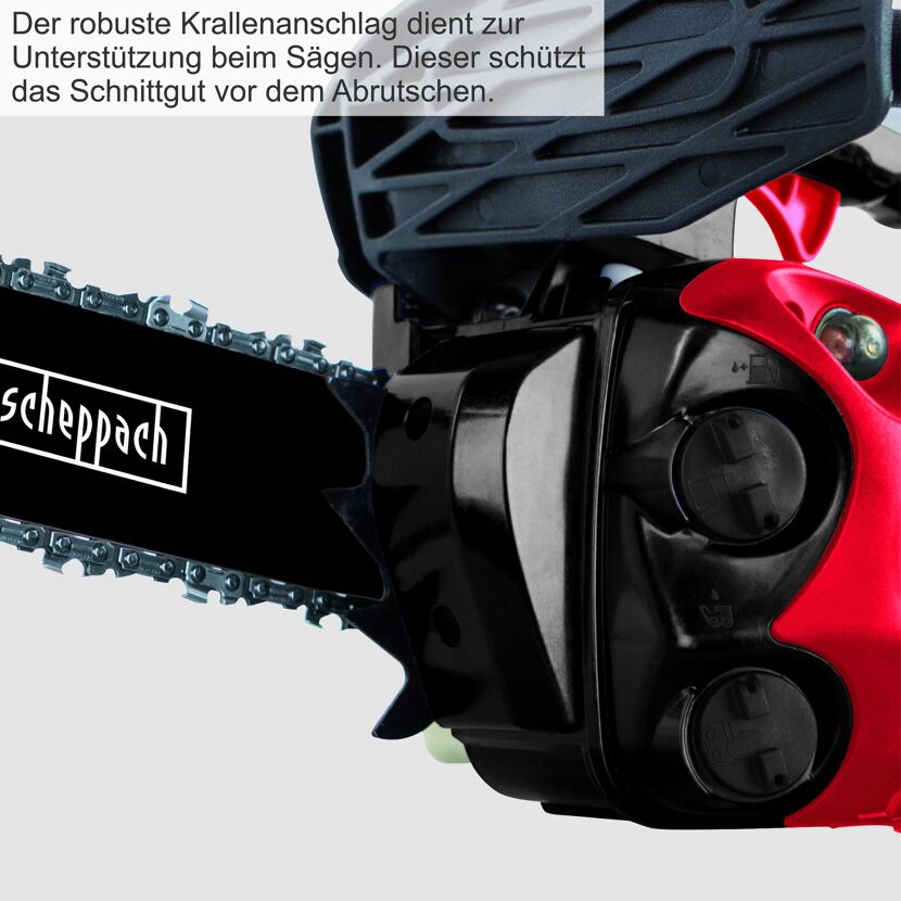 Nahaufnahme einer roten und schwarzen Kettensäge von Scheppach.