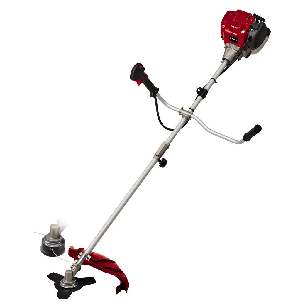 Rote Motorsense mit Fadenkopf und Messer