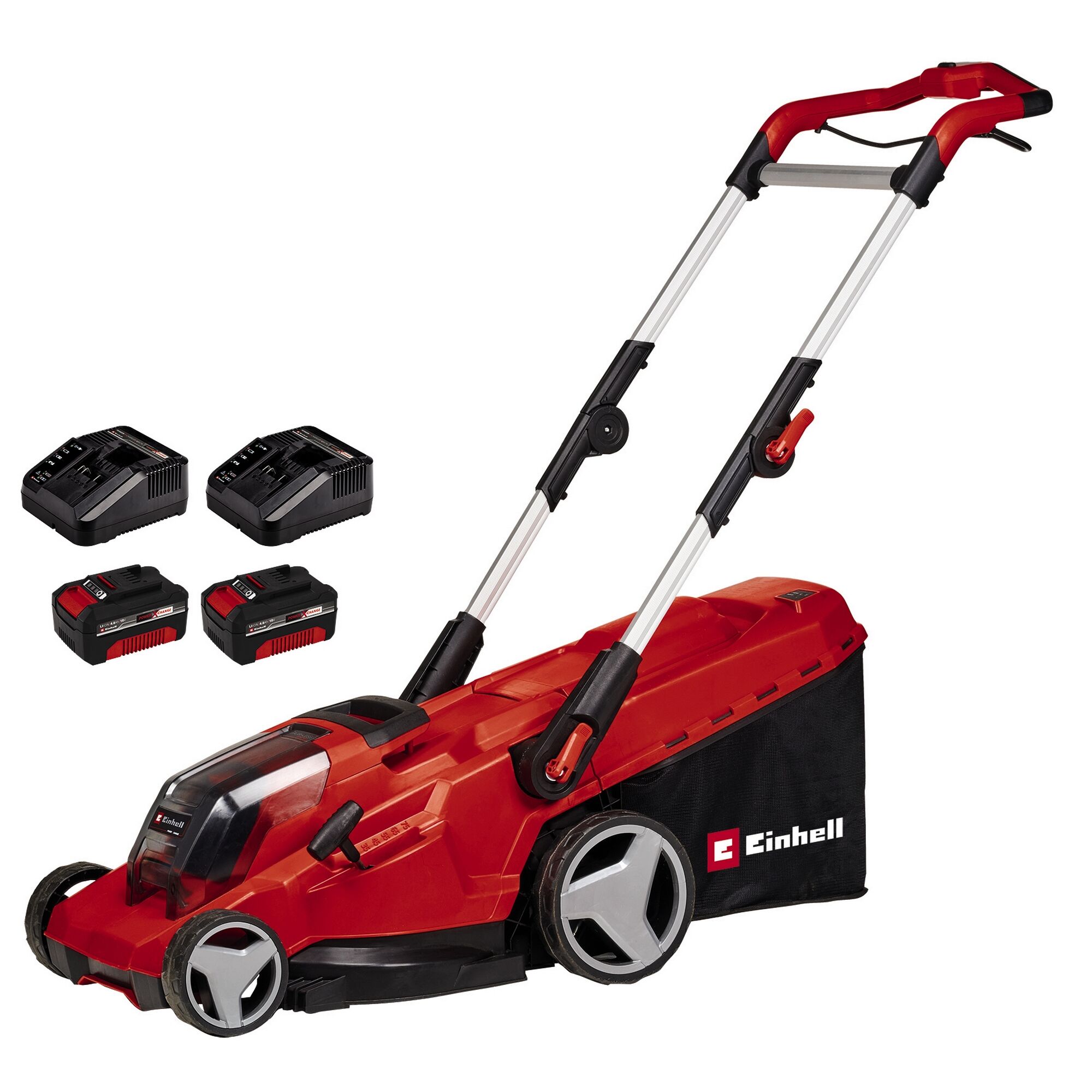 Roter Akku-Rasenmäher mit Ladegerät und Akkus