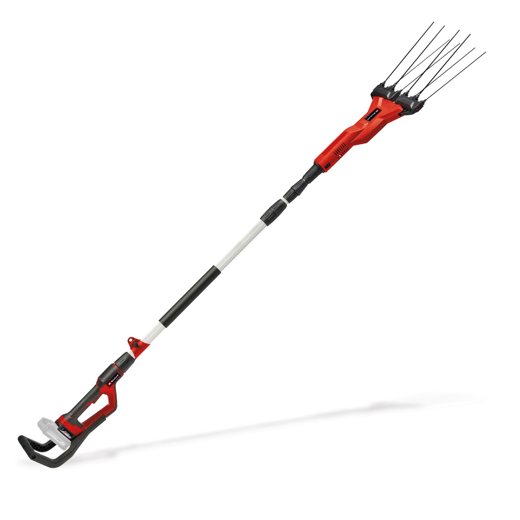 Roter Akku-Obstrüttler mit Teleskopstiel