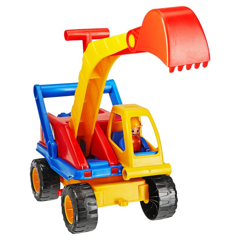 Bunter Spielzeugbagger mit Fahrer