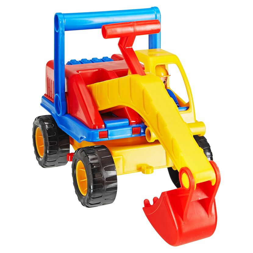 Bunter Spielzeugbagger mit Fahrerfigur