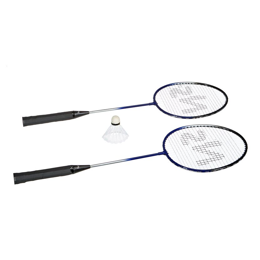 Zwei blaue Badmintonschläger und ein Federball.