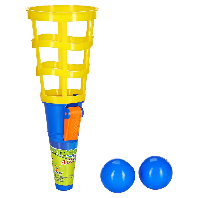 Gelber Fangbecher mit zwei blauen Bällen