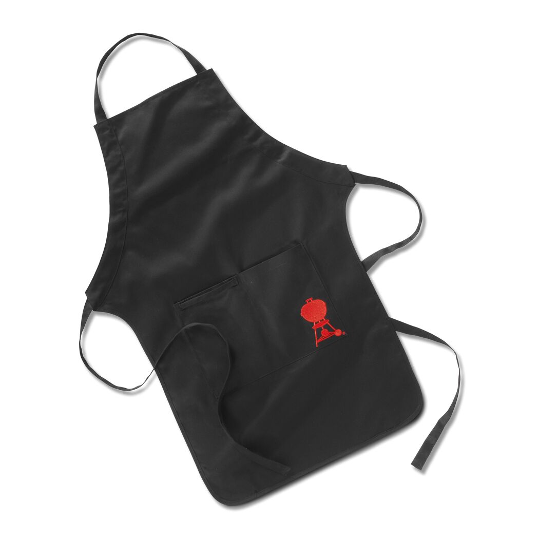 Schwarze Grillschürze mit rotem Grill-Logo.
