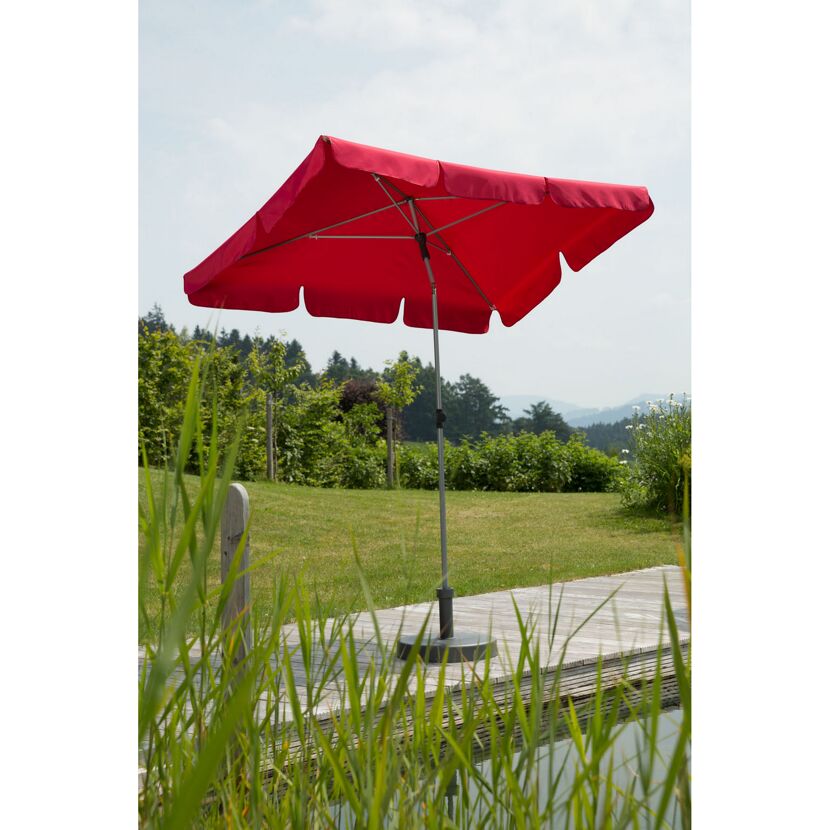 Roter Sonnenschirm Locarno auf Holzboden