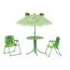Grünes Kinder-Gartentisch-Set mit Froschmotiv und Sonnenschirm.