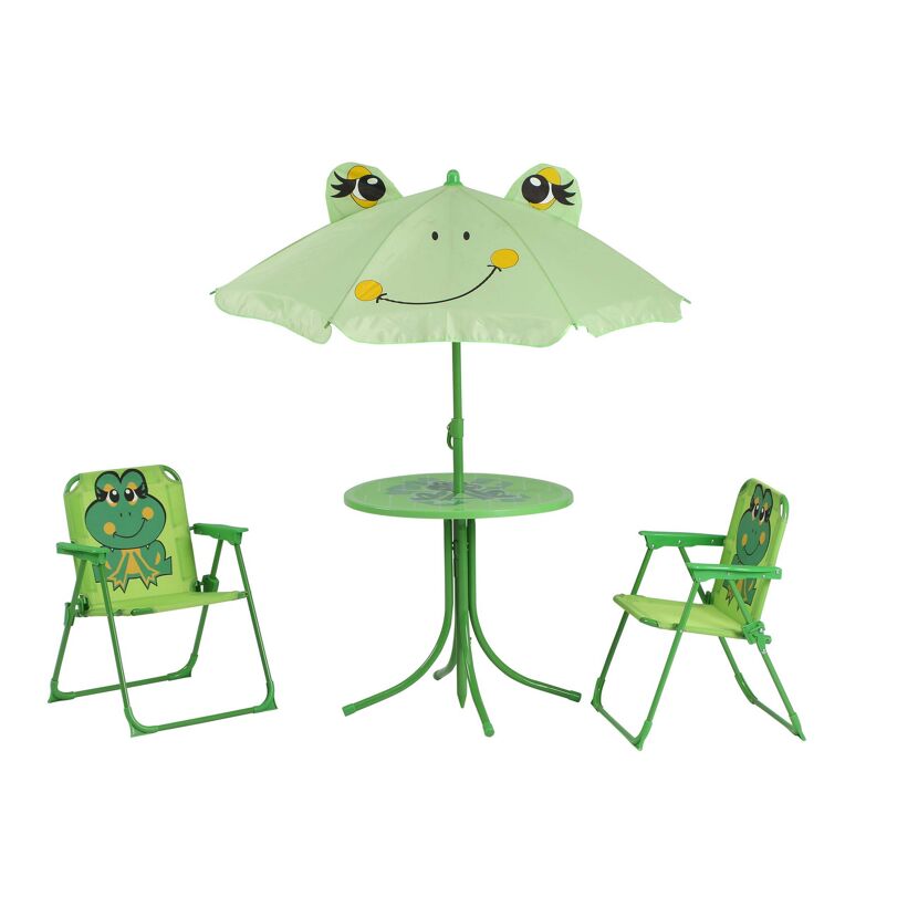 Grünes Kinder-Gartentisch-Set mit Froschmotiv und Sonnenschirm.