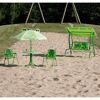 Grünes Kinder-Gartentisch-Set mit Froschmotiv, zwei Stühle, Sonnenschirm und Kinderschaukel