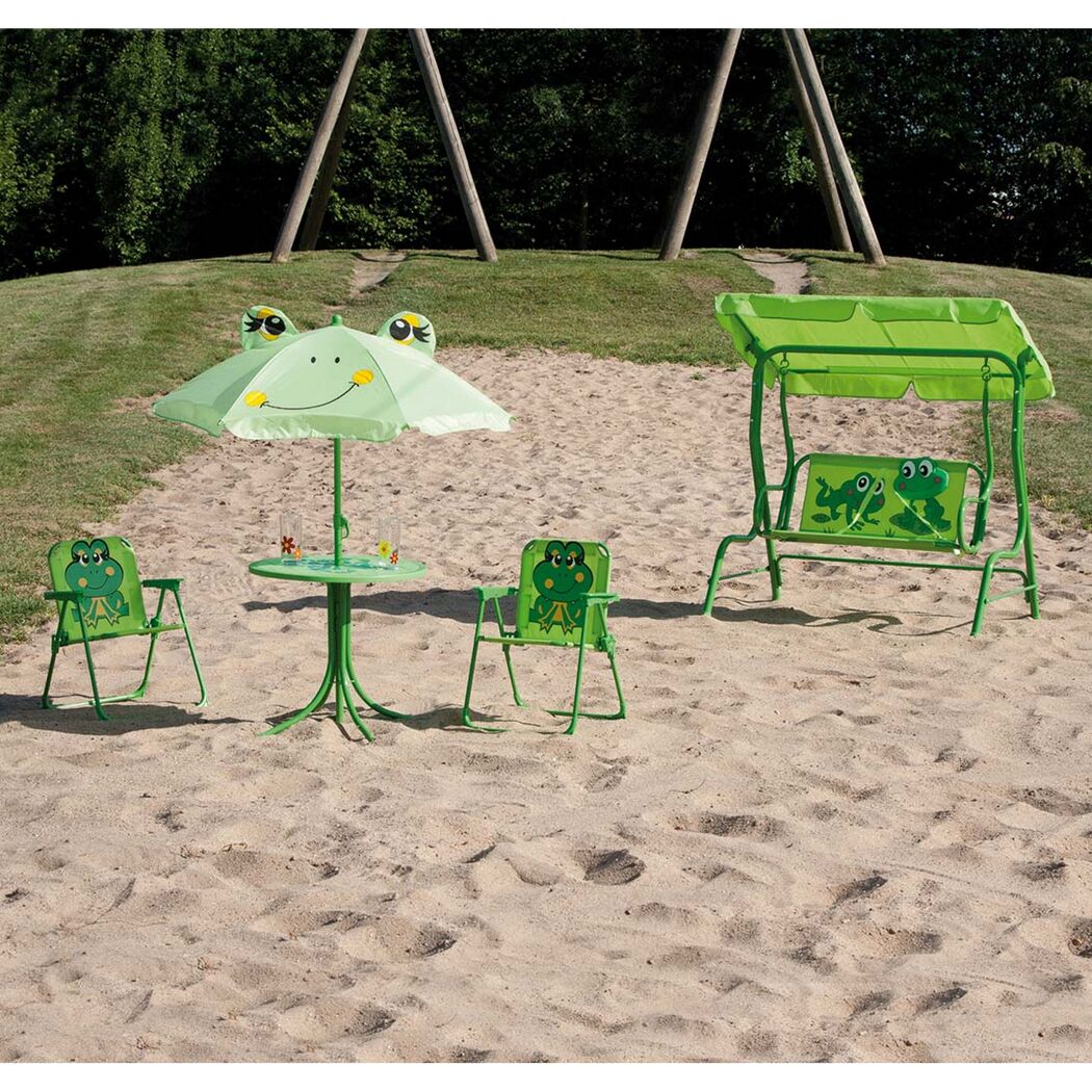 Grünes Kinder-Gartentisch-Set mit Froschmotiv, zwei Stühle, Sonnenschirm und Kinderschaukel