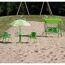 Grünes Kinder-Gartentisch-Set mit Froschmotiv, zwei Stühle, Sonnenschirm und Kinderschaukel