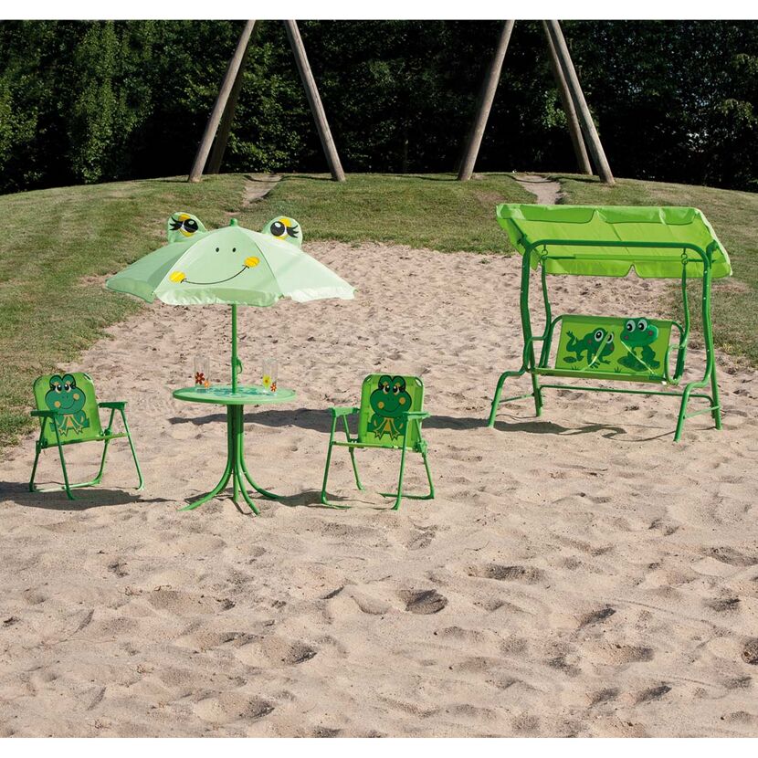 Grünes Kinder-Gartentisch-Set mit Froschmotiv, zwei Stühle, Sonnenschirm und Kinderschaukel