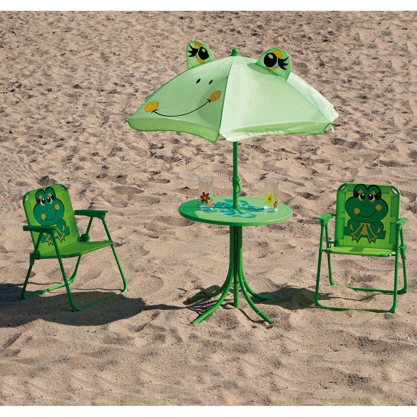 Grünes Kinder-Gartentisch-Set mit Froschmotiv und Sonnenschirm
