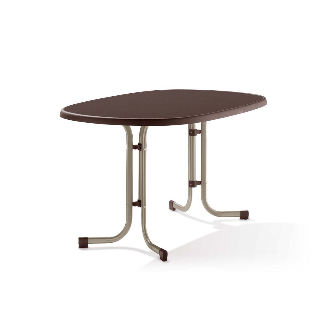 Brauner, ovaler Gartentisch mit Metallgestell