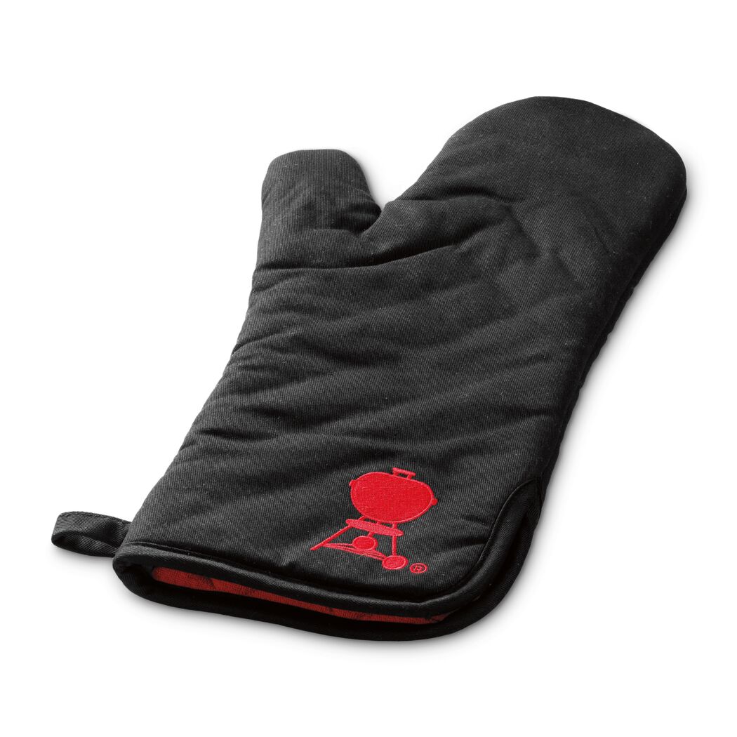 Schwarzer Grillhandschuh mit rotem Weber-Logo.
