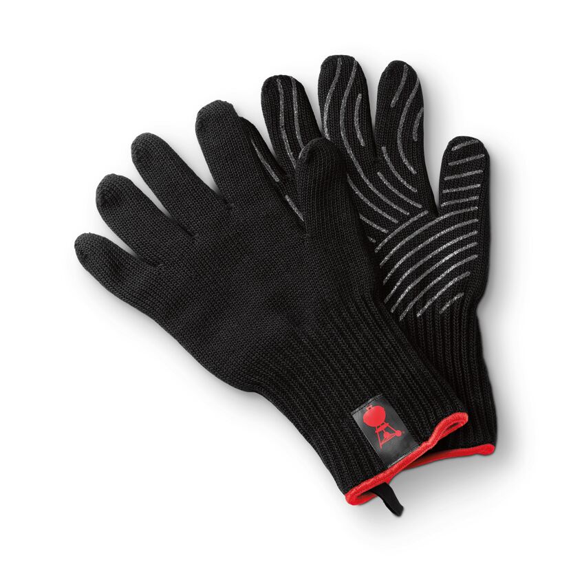 Schwarze Grillhandschuhe mit Silikonstreifen und Weber Logo.