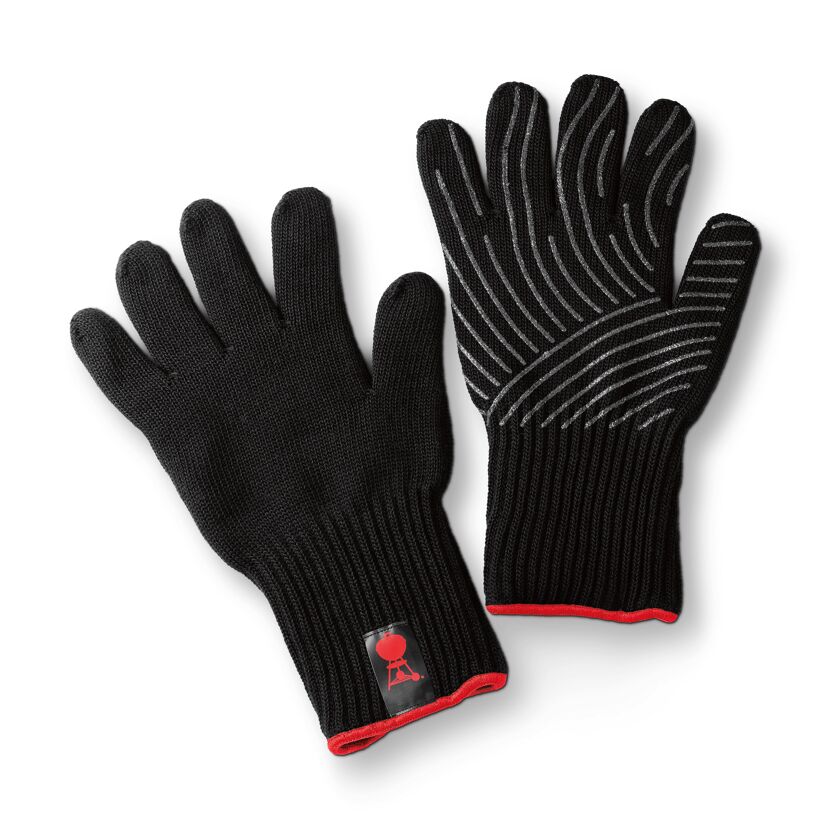 Schwarze Grillhandschuhe mit grau melierten Streifen