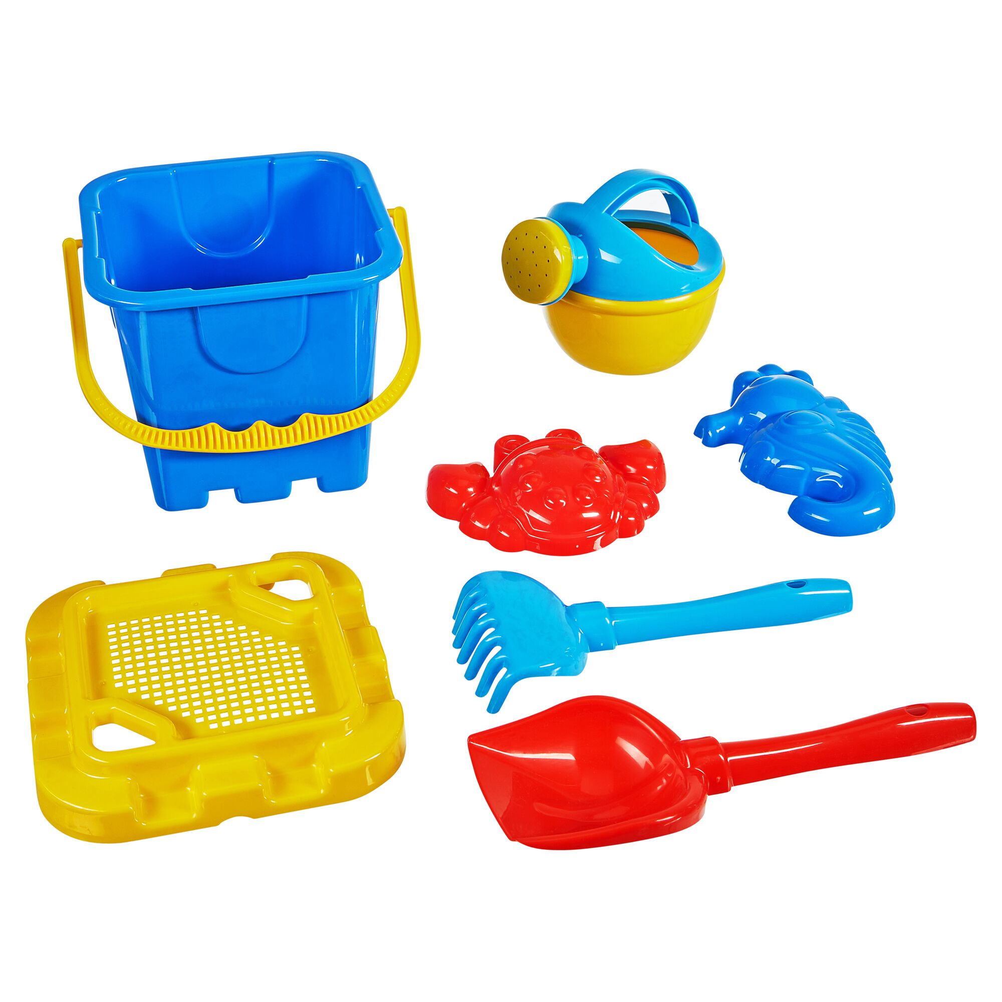 Buntes Sieben-teiliges Sandspielzeug-Set