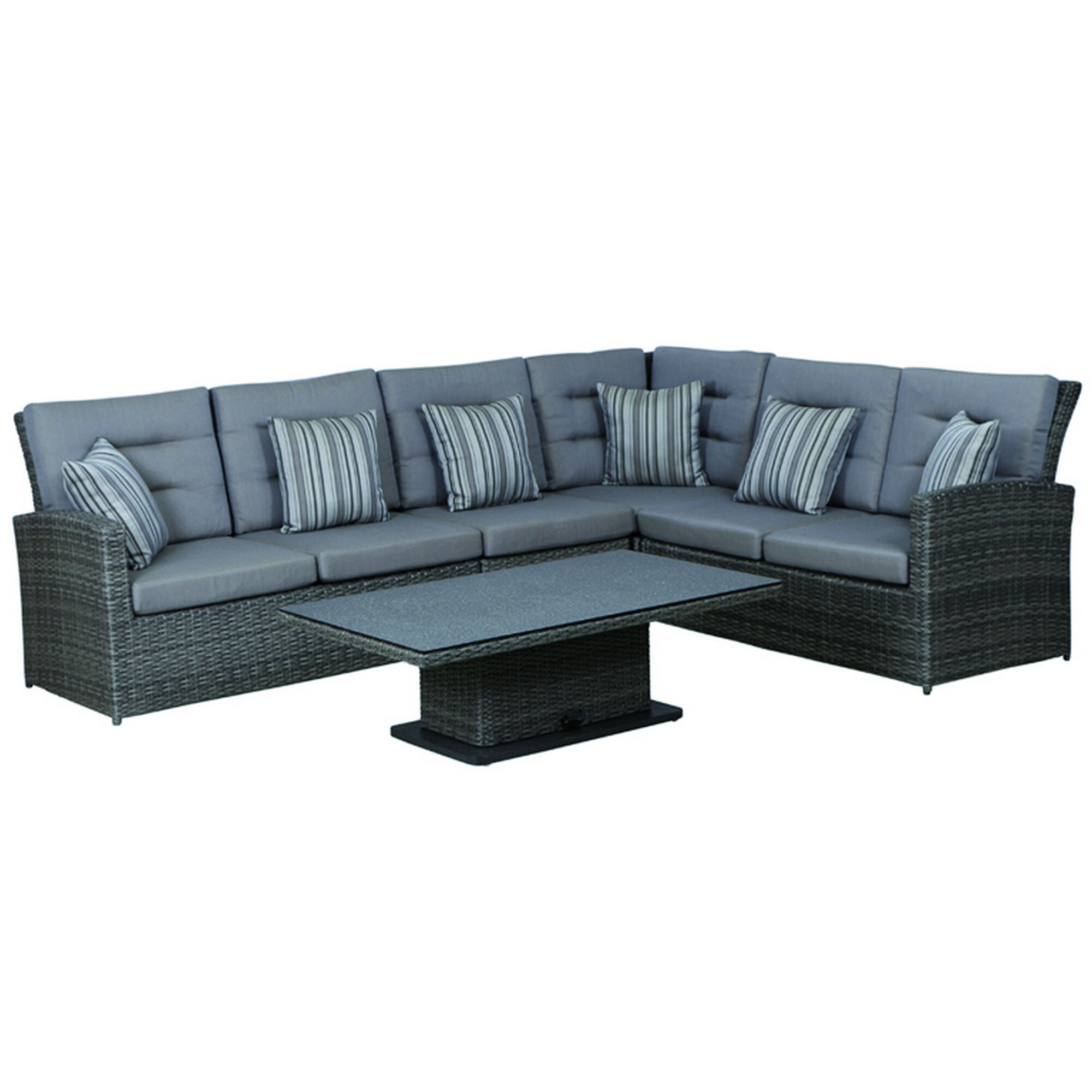 Graues Ecksofa mit Tisch und gestreiften Kissen