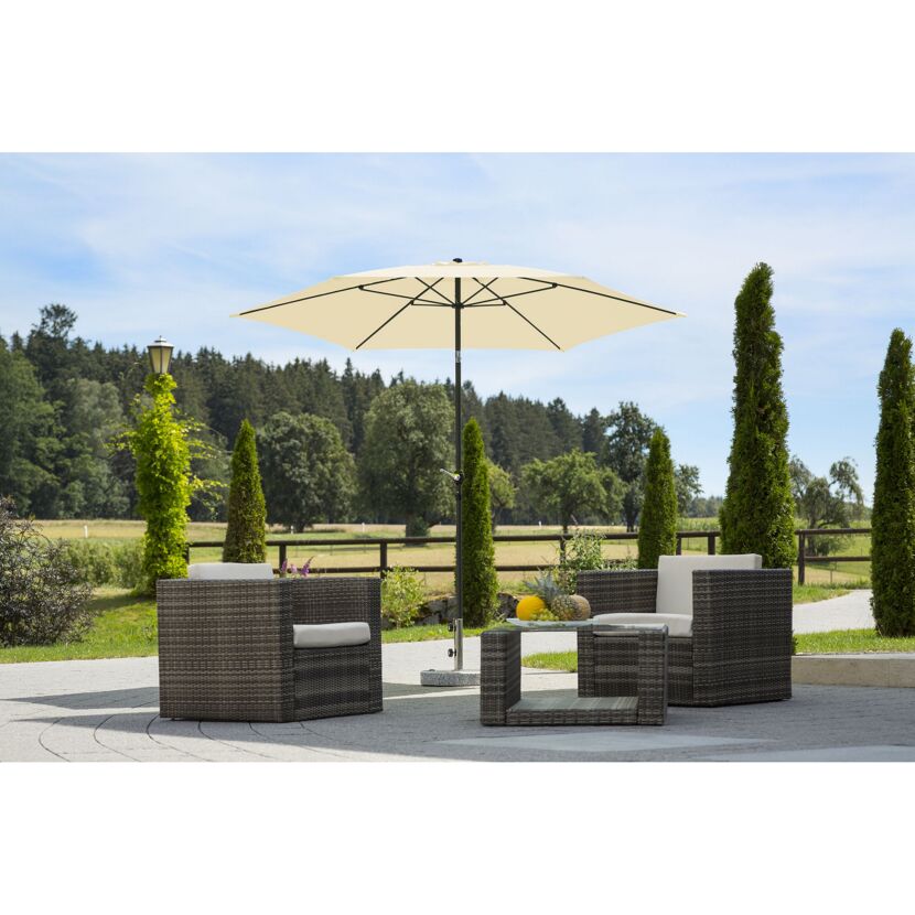 Sonnenschirm Napoli cremefarben, Gartentisch, Gartenstühle