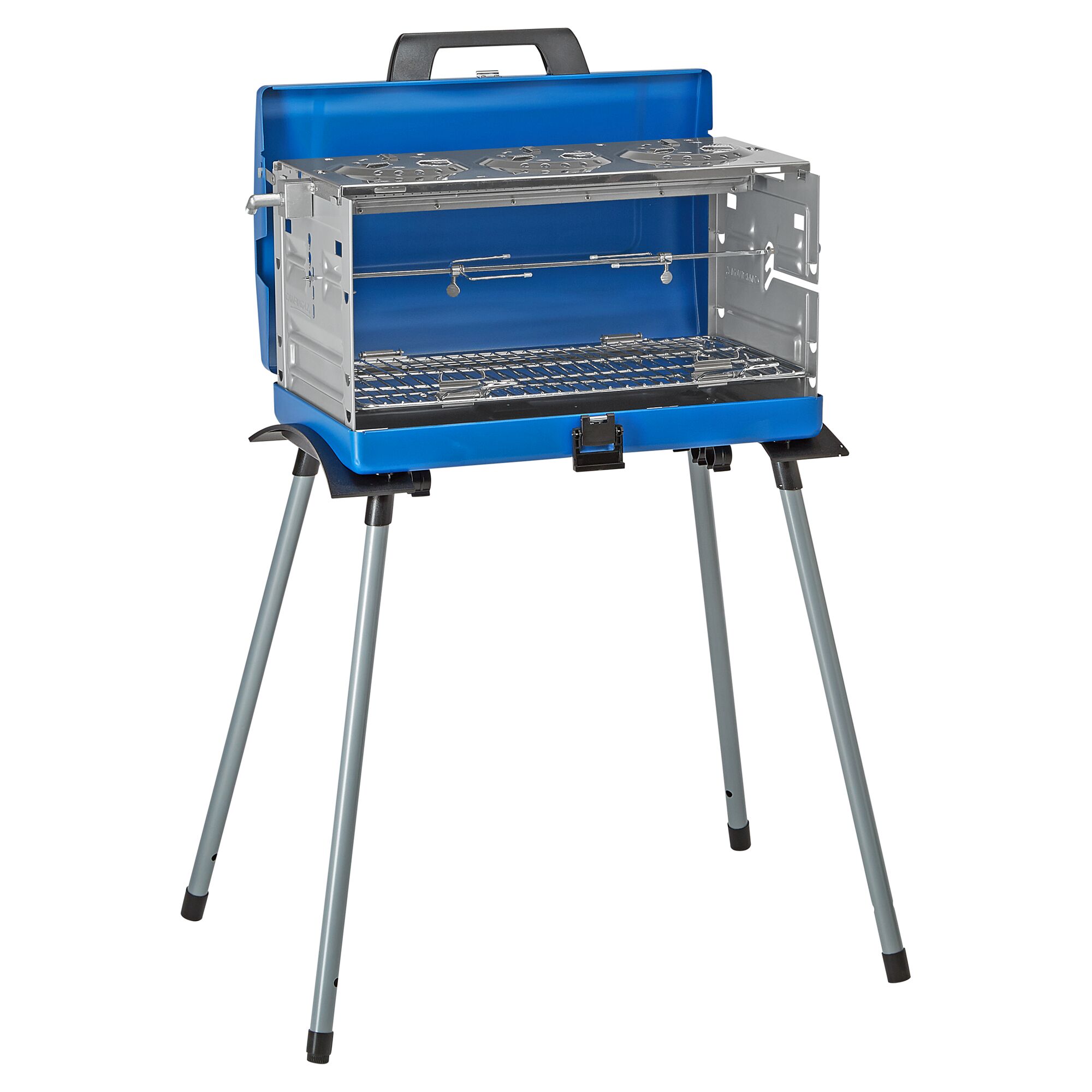 Blauer Koffergasgrill mit drei Flammen