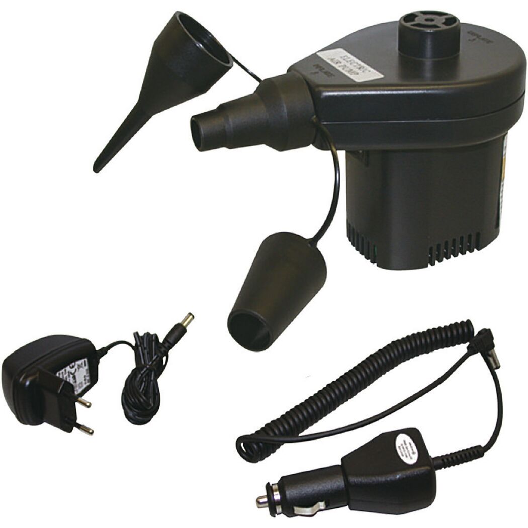 Elektrische Luftpumpe mit Netzteil und 12V-Adapter.