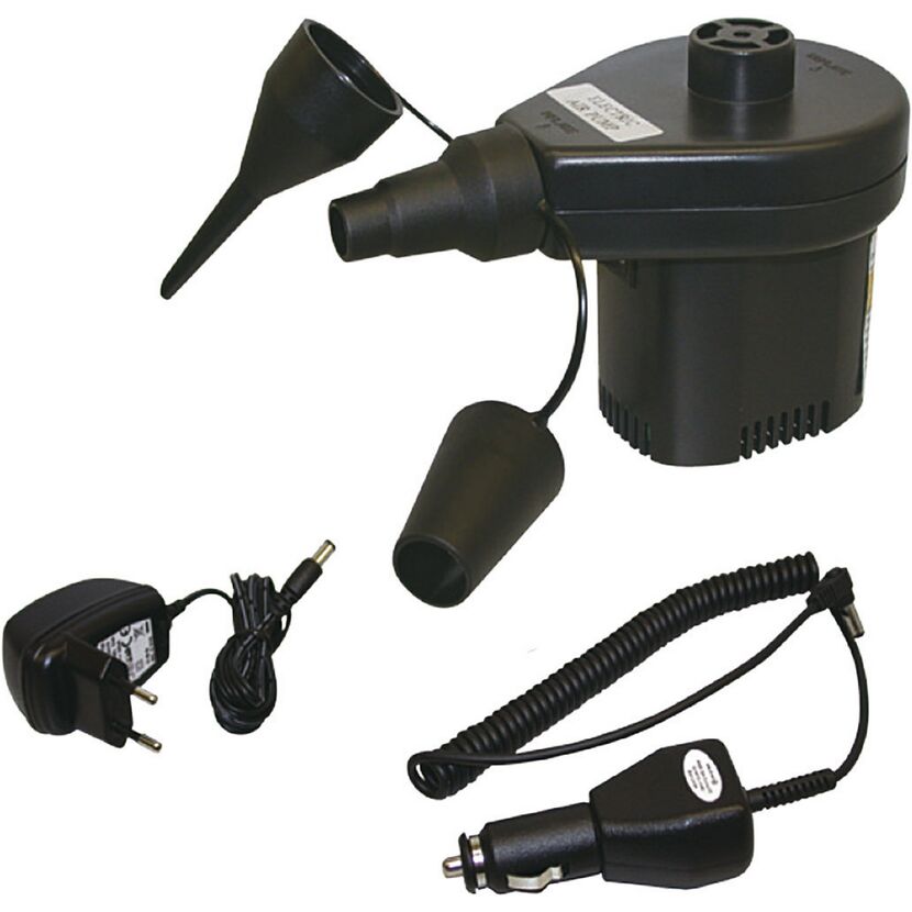 Elektrische Luftpumpe mit Netzteil und 12V-Adapter.