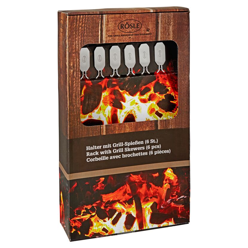 Sechs Grillspieße mit Halter von Rösle in Verpackung.