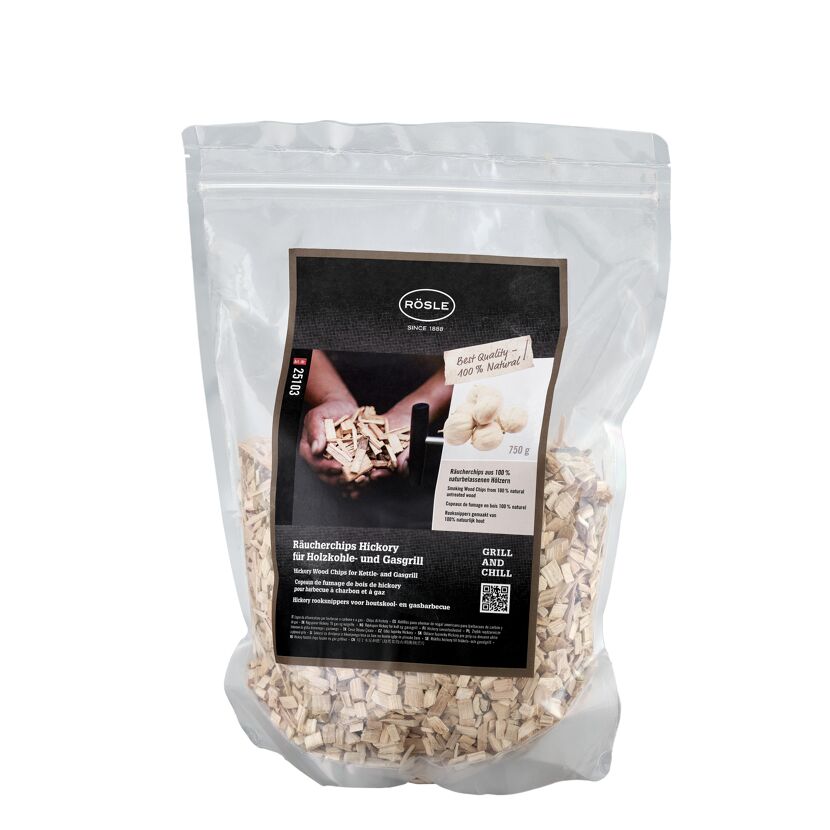 Räucherchips Hickory von Rösle in einer Verpackung