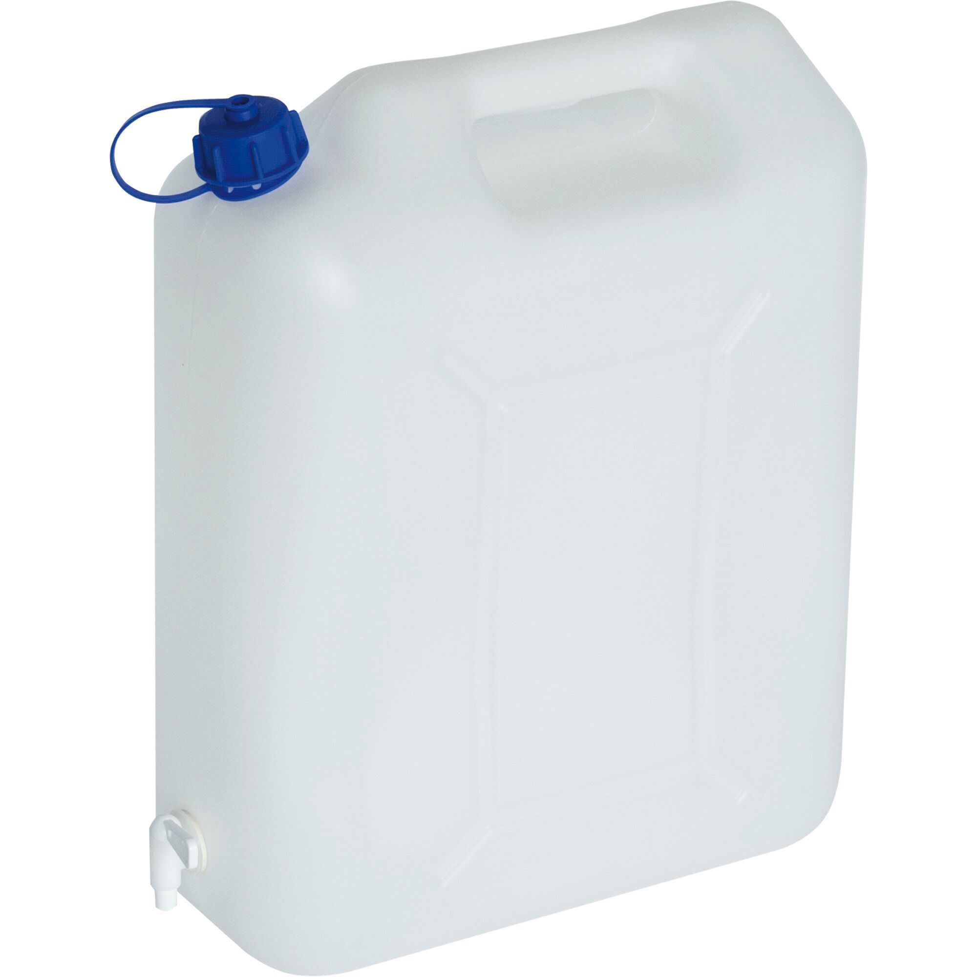 Weißer Wasserkanister 10l mit blauem Deckel und Zapfhahn.