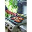 Person misst Temperatur von Hähnchen auf dem Grill mit Thermometer.