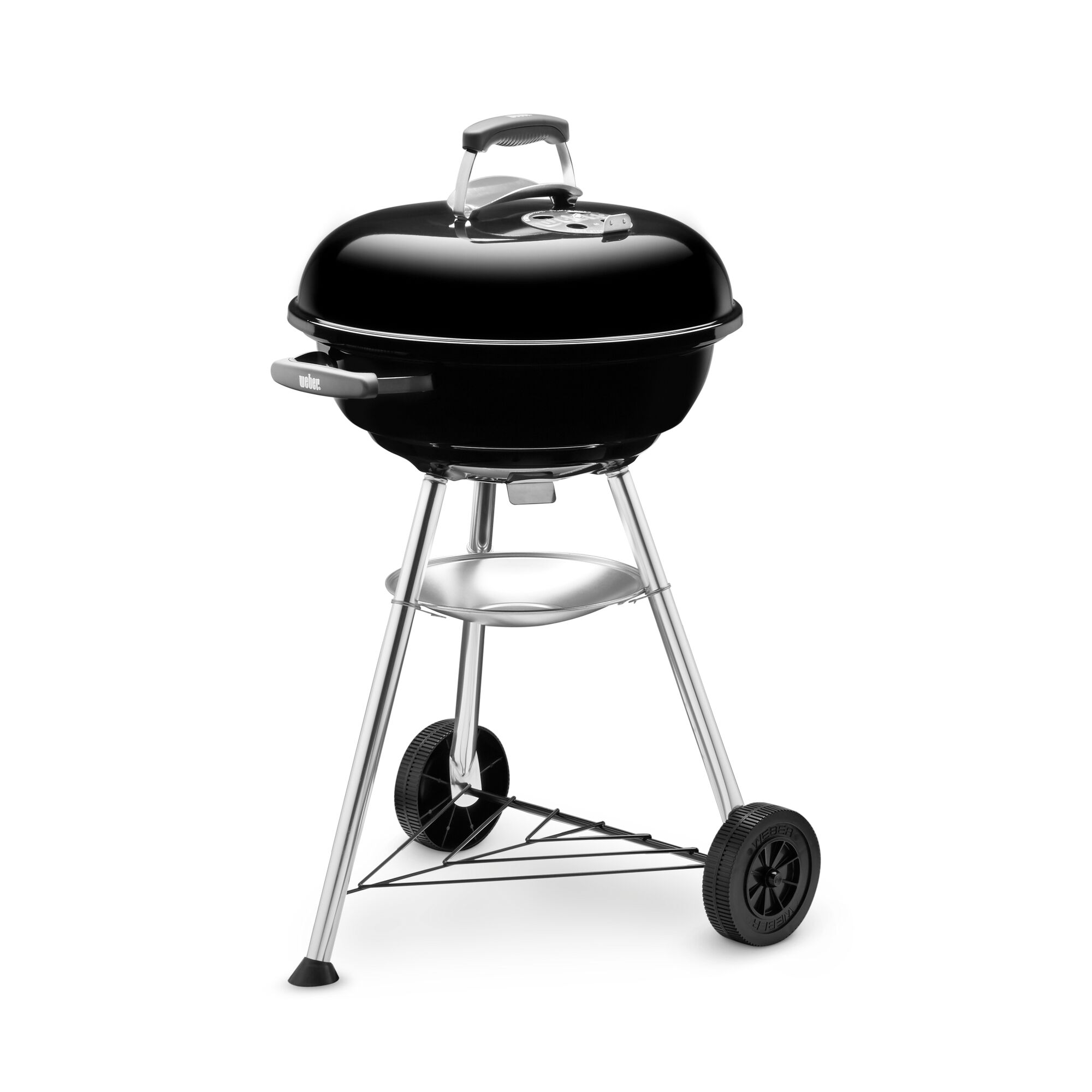 Schwarzer Weber Compact Kettle Grill mit drei Beinen und Rollen.