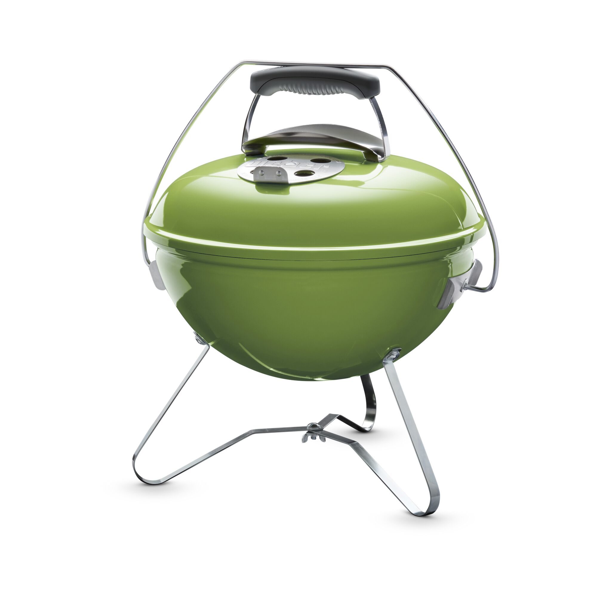 Grüner Kugelgrill mit silbernem Griff und Standfüßen