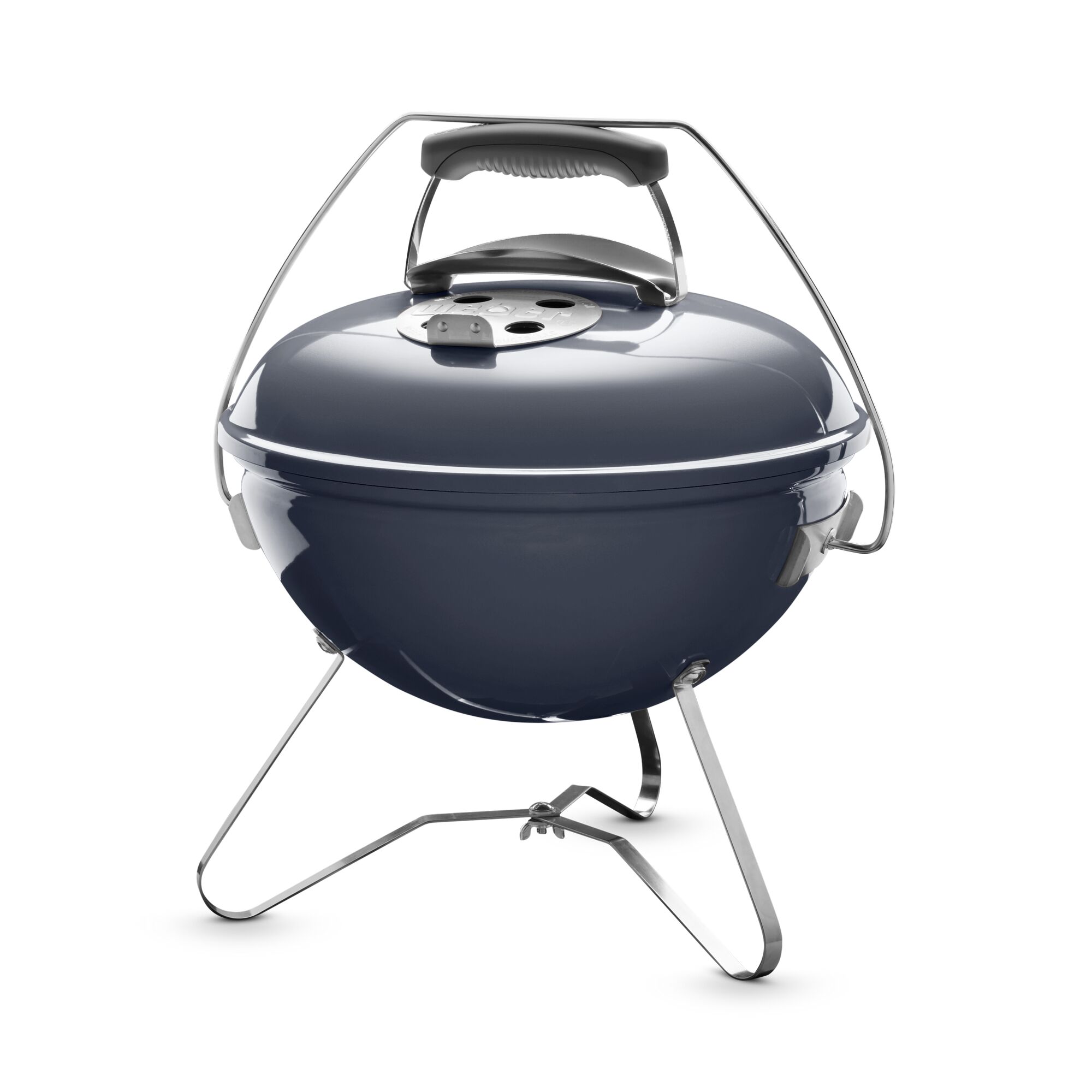 Runder, dunkelblauer Holzkohlegrill mit Deckel und drei Beinen.