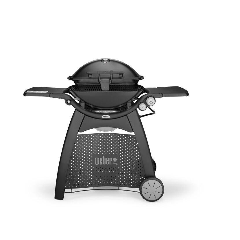 Schwarzer Weber Q3200 Gasgrill mit geöffnetem Deckel.