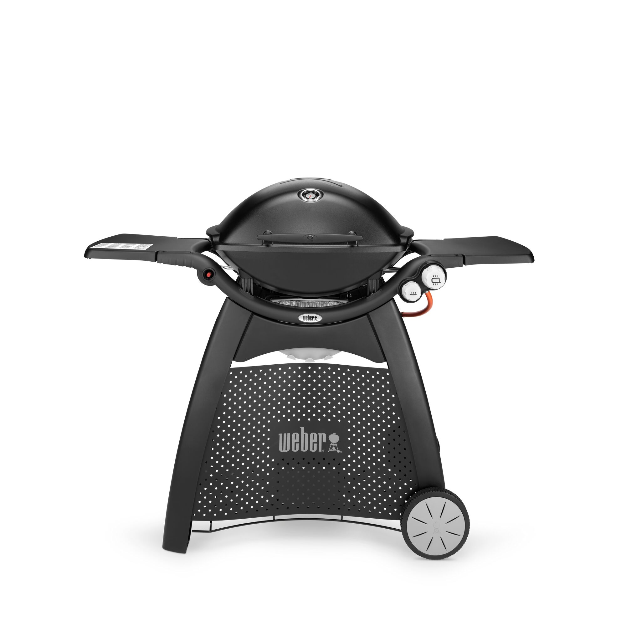 Schwarzer Weber Q3000 Gasgrill mit ausgeklappten Seitentischen