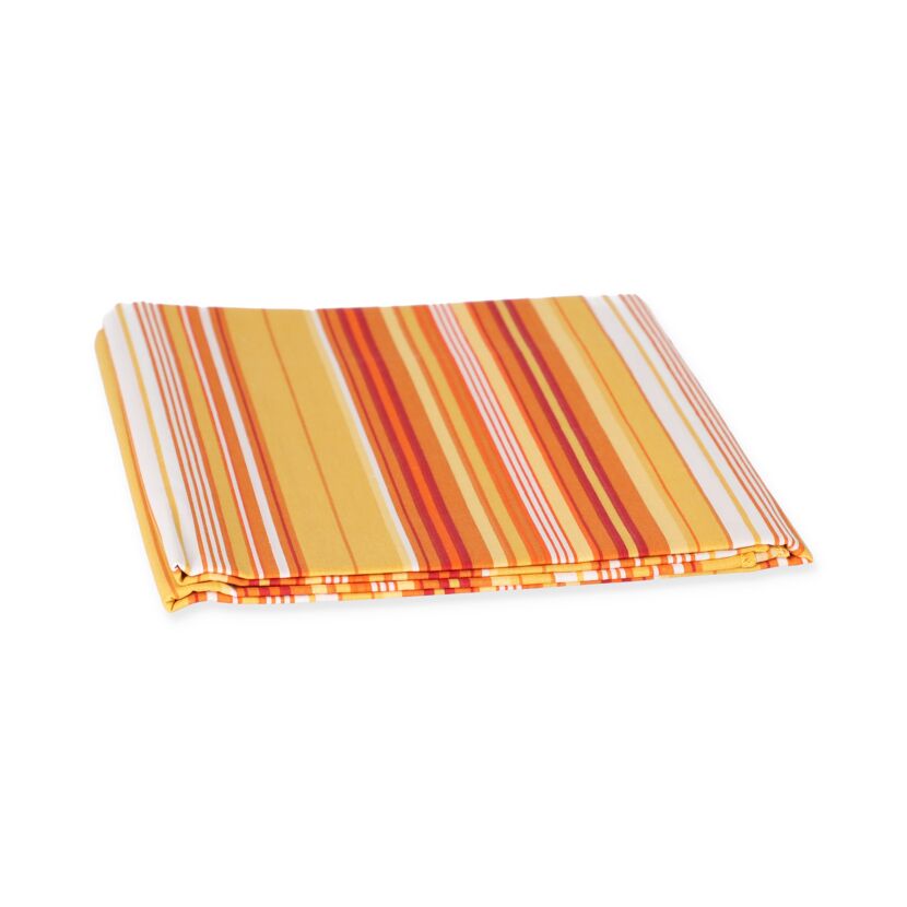 Orange-gelbes Stoffmuster mit Streifen.
