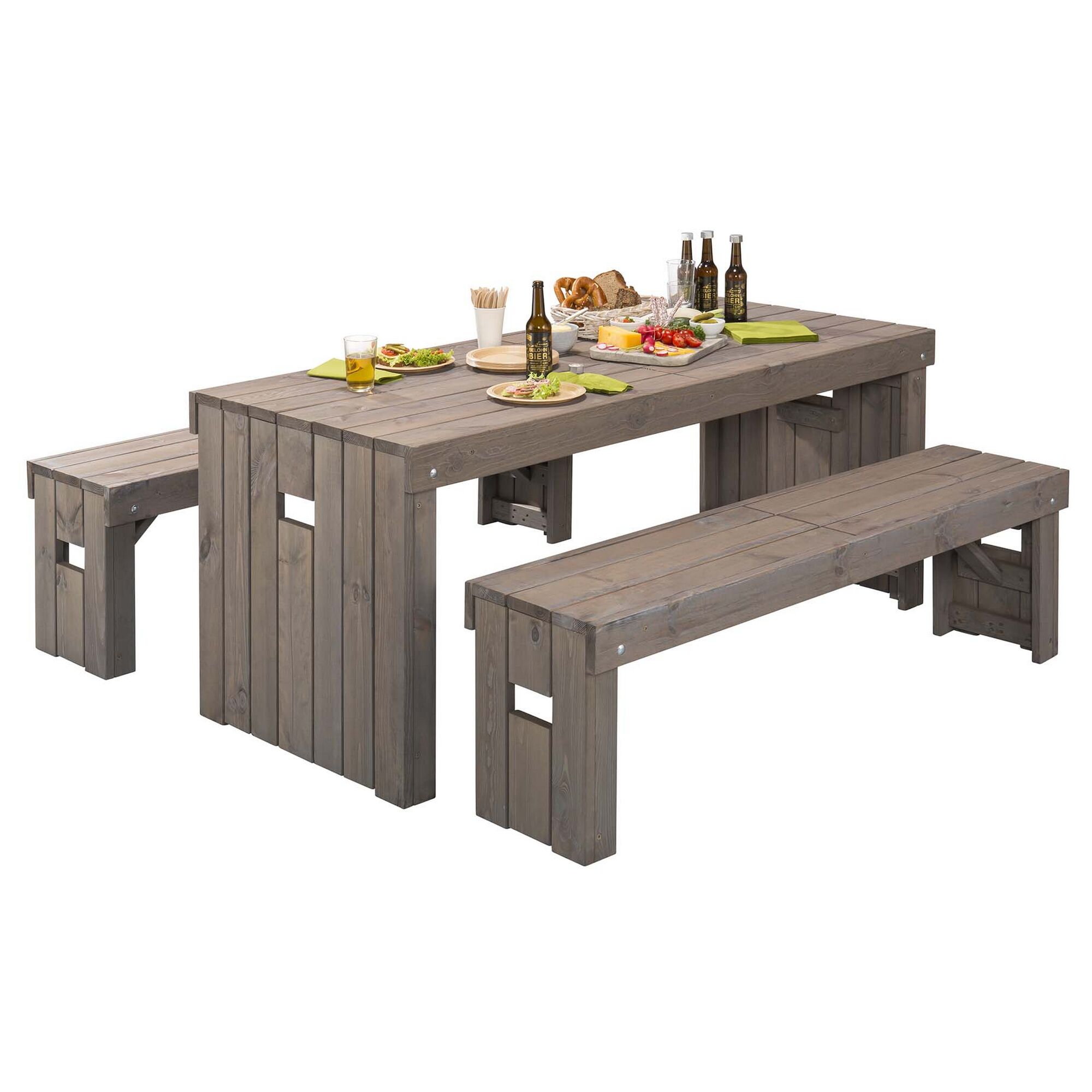 Holz-Gartentisch-Set Rotterdam grau mit Snacks und Getränken