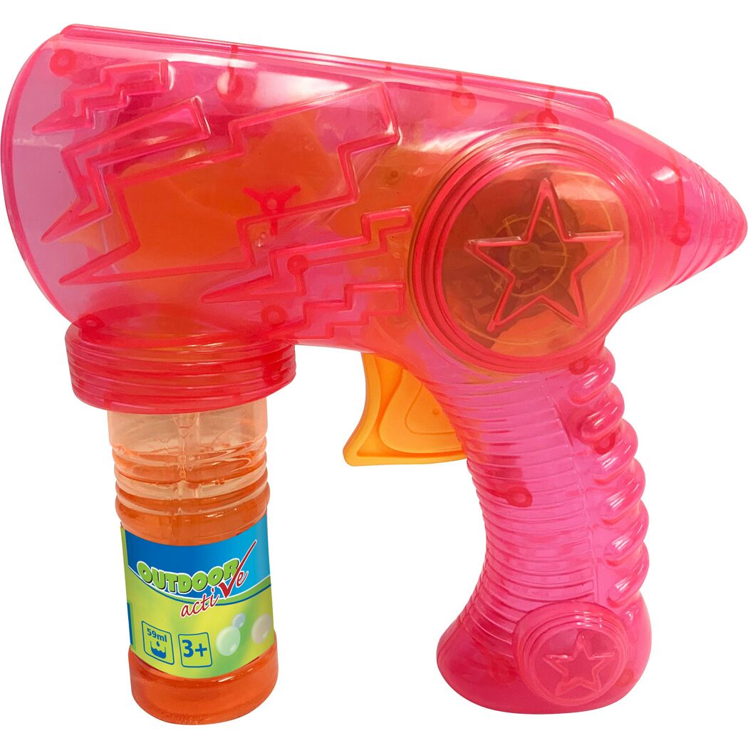Pinke Seifenblasenpistole mit orangefarbener Seifenblasenflüssigkeit